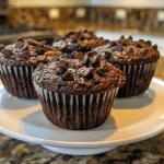 Juicy healthy chocolate muffins with a rich, dark color and chocolate chips.