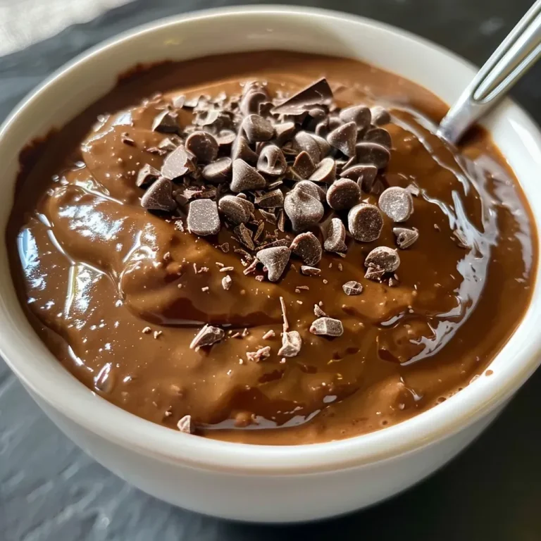Close-up of a creamy, healthy chocolate pudding in a glass bowl.