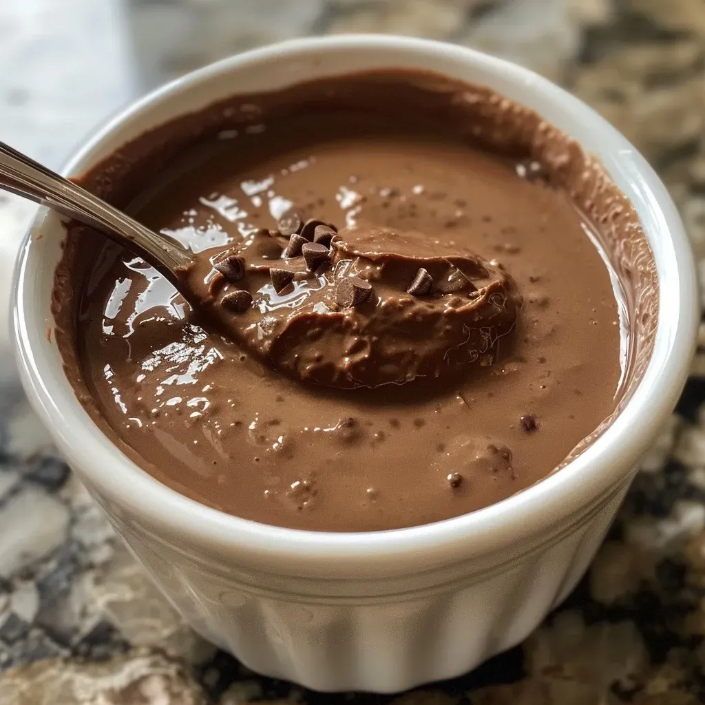 Side view of rich chocolate pudding with a glossy texture, garnished.