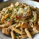 ['Close-up of a bowl of healthy garlic parmesan chicken pasta with chicken pieces and spinach.', 'Juicy chicken pasta dish featuring whole wheat penne, garlic, and parmesan cheese.', 'Side view photo of creamy garlic parmesan chicken pasta, garnished with fresh parsley.', 'Delicious healthy pasta with chicken and spinach, served in a white bowl.']
