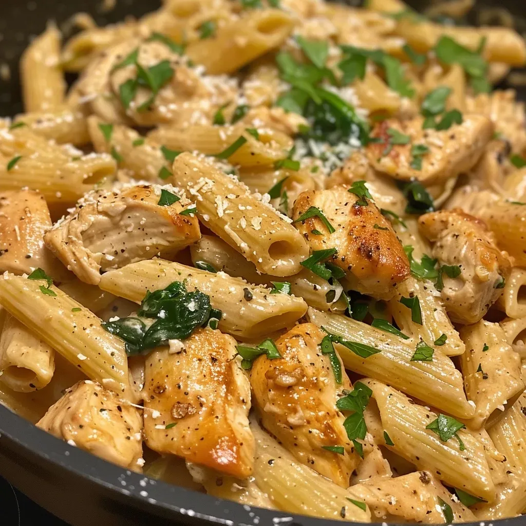 Close-up of a bowl of healthy garlic parmesan chicken pasta with chicken pieces and spinach.