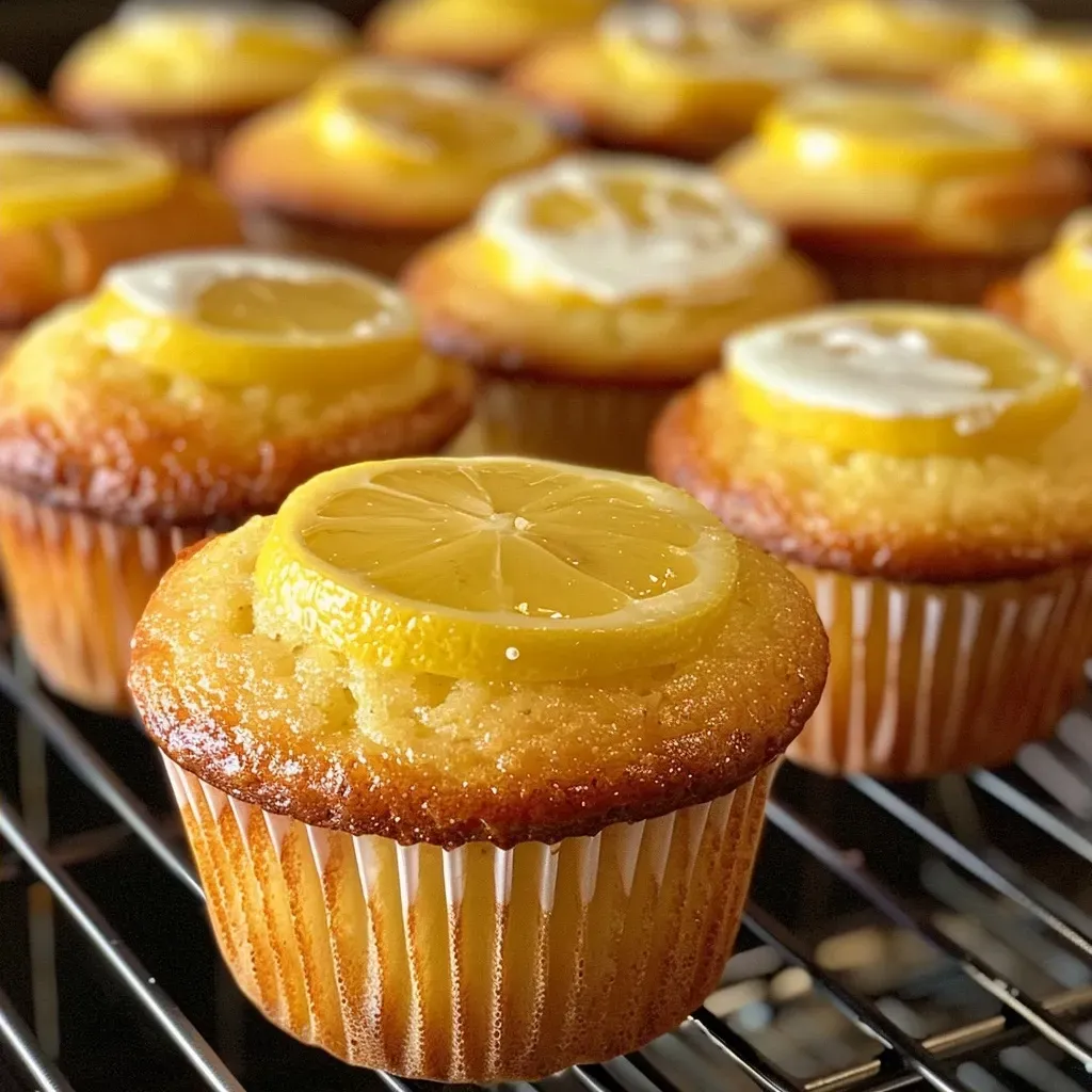 ['Close-up view of moist lemon muffins topped with a dusting of powdered sugar.', 'Side view of healthy lemon muffins with a golden brown crust and lemon zest sprinkled on top.', 'Freshly baked lemon muffins, showcasing their fluffy texture and bright yellow color.', 'Delicious-looking lemon muffins with a lemon slice and powdered sugar on a white plate.']