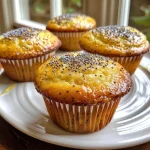 ['Close-up side view of Healthy Lemon Poppy Seed Muffins with a golden crust and poppy seeds sprinkled on top.', 'Juicy and fluffy Healthy Lemon Poppy Seed Muffins displayed on a plate, showcasing a bright lemon zest topping.', 'A side view of freshly baked Healthy Lemon Poppy Seed Muffins, highlighting their moist texture and poppy seed details.', 'Delicious-looking Healthy Lemon Poppy Seed Muffins captured in a close-up, revealing their inviting lemon flavor and seeds.']