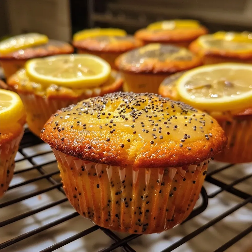 ['Close-up side view of Healthy Lemon Poppy Seed Muffins with a golden crust and poppy seeds sprinkled on top.', 'Juicy and fluffy Healthy Lemon Poppy Seed Muffins displayed on a plate, showcasing a bright lemon zest topping.', 'A side view of freshly baked Healthy Lemon Poppy Seed Muffins, highlighting their moist texture and poppy seed details.', 'Delicious-looking Healthy Lemon Poppy Seed Muffins captured in a close-up, revealing their inviting lemon flavor and seeds.']