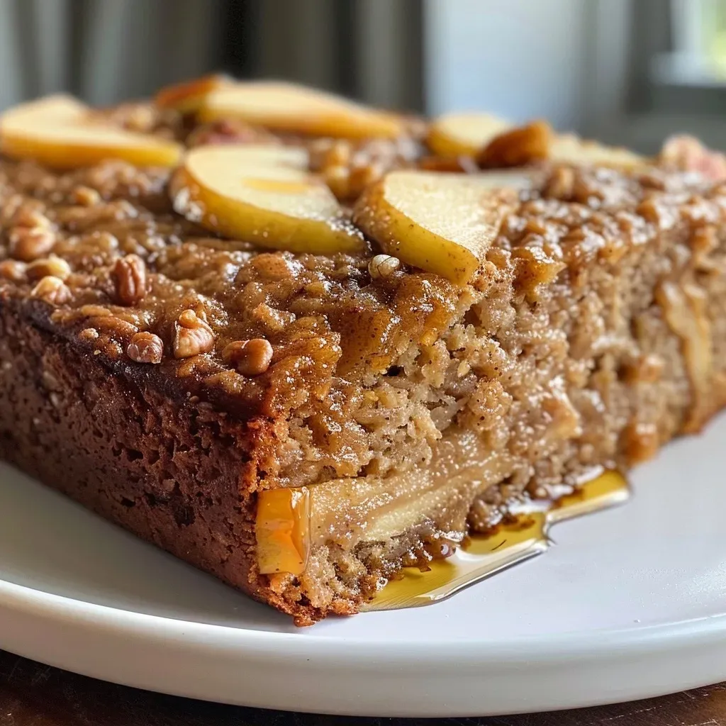Healthy Oatmeal Apple Cake with a golden brown crust and visible apple chunks.