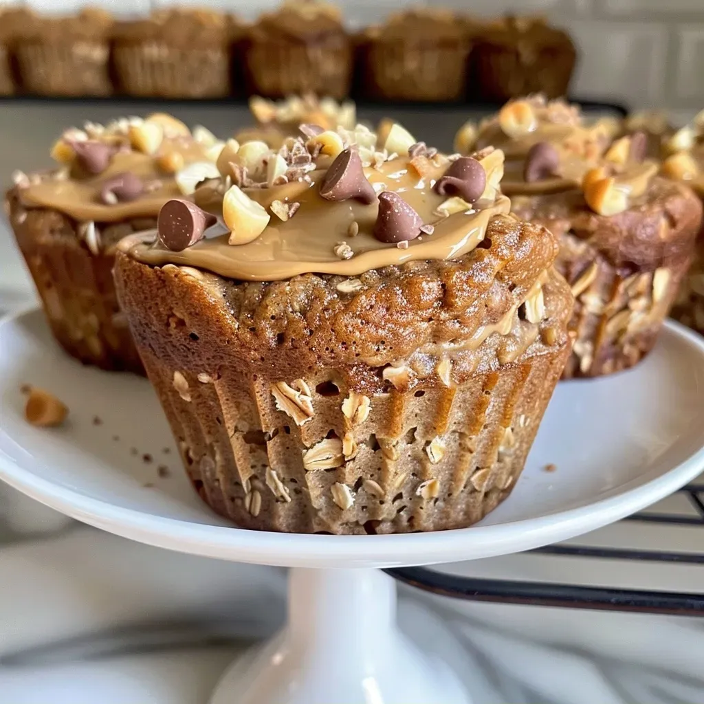 ['Close-up of a golden brown peanut butter banana muffin with chocolate chips, showcasing its moist texture.', 'Side view of a freshly baked healthy peanut butter banana muffin with a sprinkle of mini chocolate chips on top.', 'Delicious peanut butter banana muffin displayed on a light surface, highlighting its inviting, soft interior.', 'Juicy, mouth-watering peanut butter banana muffin with a rich color and chocolate chips, presented against a neutral backdrop.']