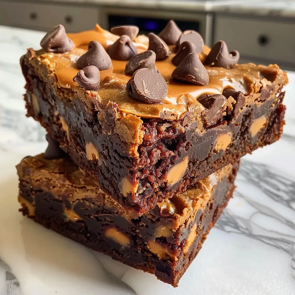 ['Close-up of a side view of healthy peanut butter brownies with a rich chocolate texture.', 'Side view showing thick, fudgy healthy brownies topped with peanut butter.', 'Juicy, chocolatey peanut butter brownies displayed on a plate, showcasing their moist interior.', 'A detailed view of healthy peanut butter brownies with chocolate chips and a shiny glaze.']