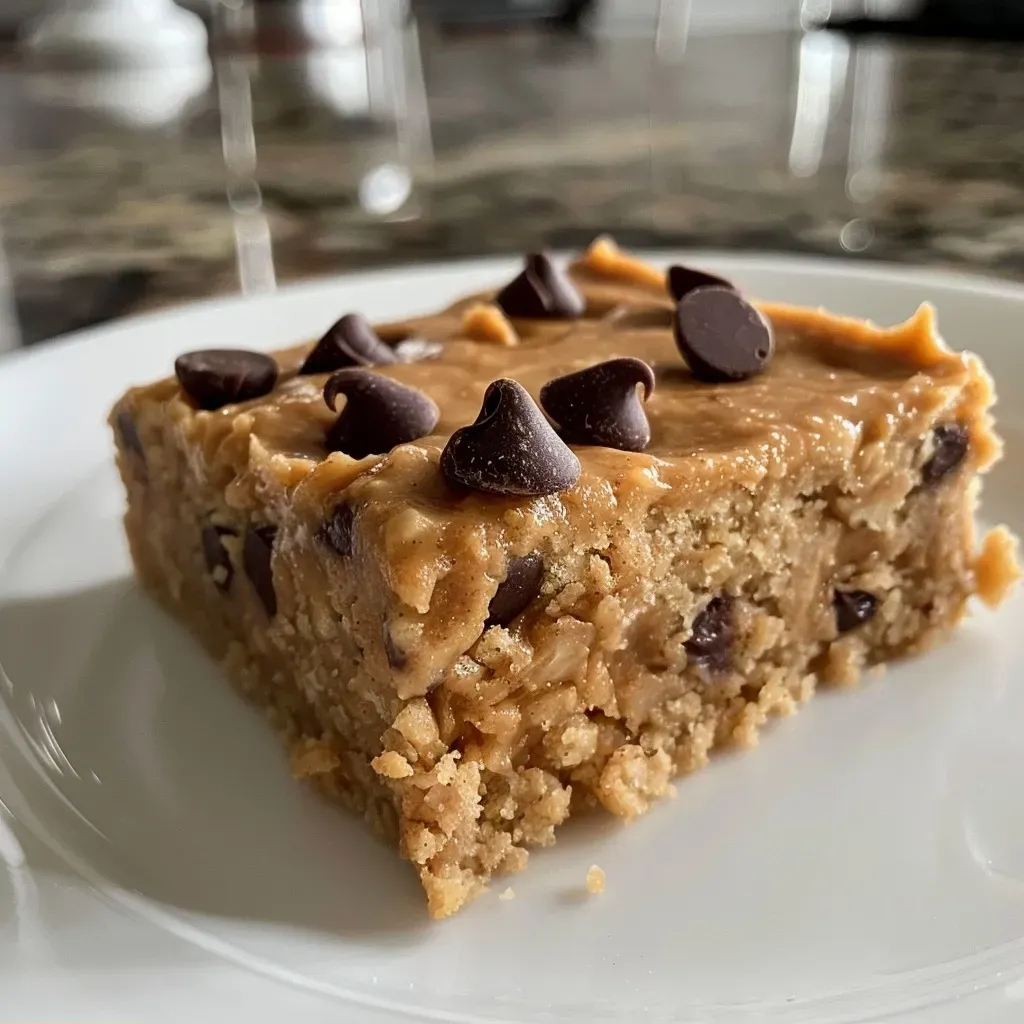 ['A close-up side view of a moist peanut butter snack cake topped with chocolate chips.', 'Healthy peanut butter snack cake with a glossy finish and chocolate chips, captured from the side.', 'Side view of a delectable peanut butter snack cake showcasing its rich texture and chocolate chips.', 'Juicy peanut butter snack cake with a close-up view highlighting its soft crumb and toppings.']