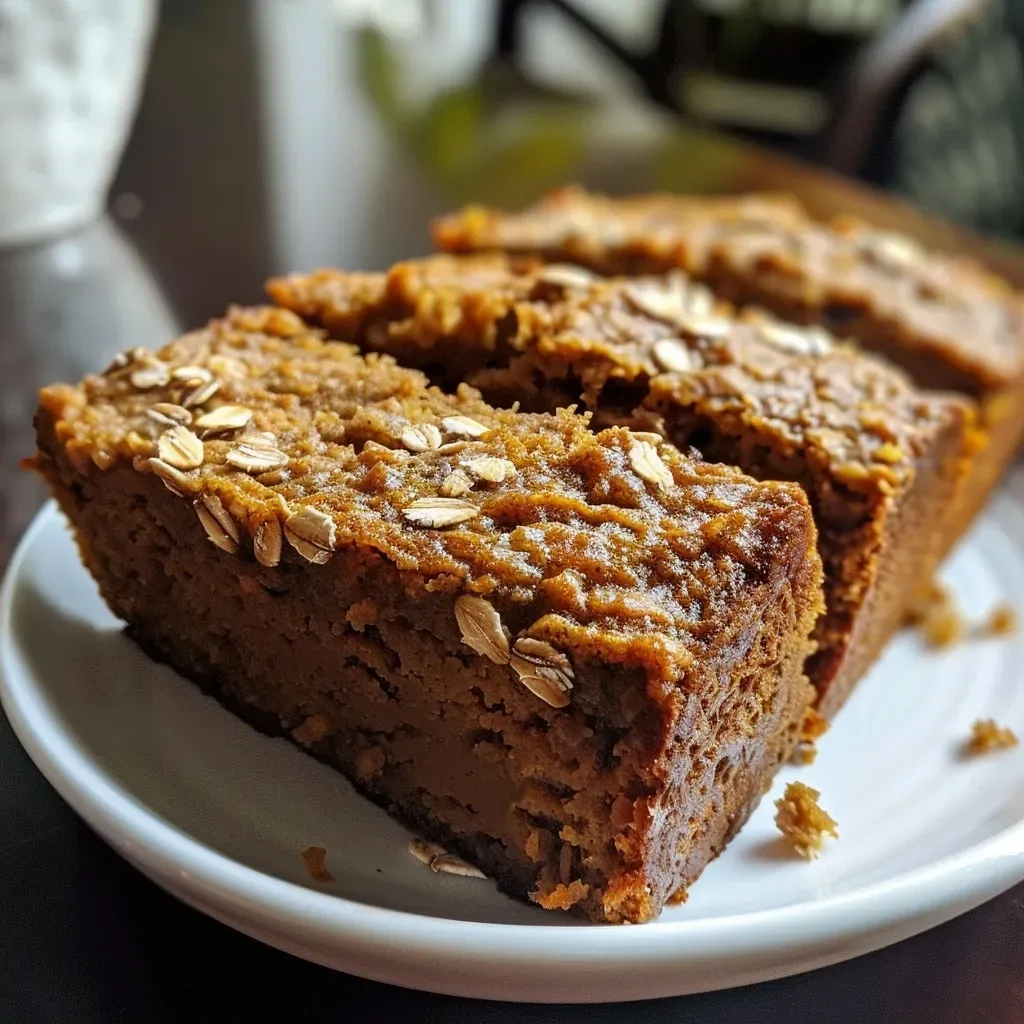 ['Close-up of a slice of Healthy Pumpkin Oat Bread, showcasing its moist texture.', 'Side view of Healthy Pumpkin Oat Bread, highlighting the golden crust and oats.', 'Juicy, hearty slice of Healthy Pumpkin Oat Bread with visible oats and spices.', 'Delicious Healthy Pumpkin Oat Bread displayed, emphasizing its soft, scrumptious interior.']