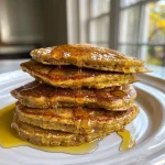 ['Close-up of a stack of golden brown pumpkin oatmeal pancakes with walnuts on top.', 'Side view of fluffy, healthy pumpkin pancakes drizzled with honey and garnished with nuts.', 'Juicy pumpkin oatmeal pancakes stacked high, showcasing their fluffy texture and cinnamon color.', 'Delicious healthy pancakes made with pumpkin puree, captured in a warm, inviting light.']