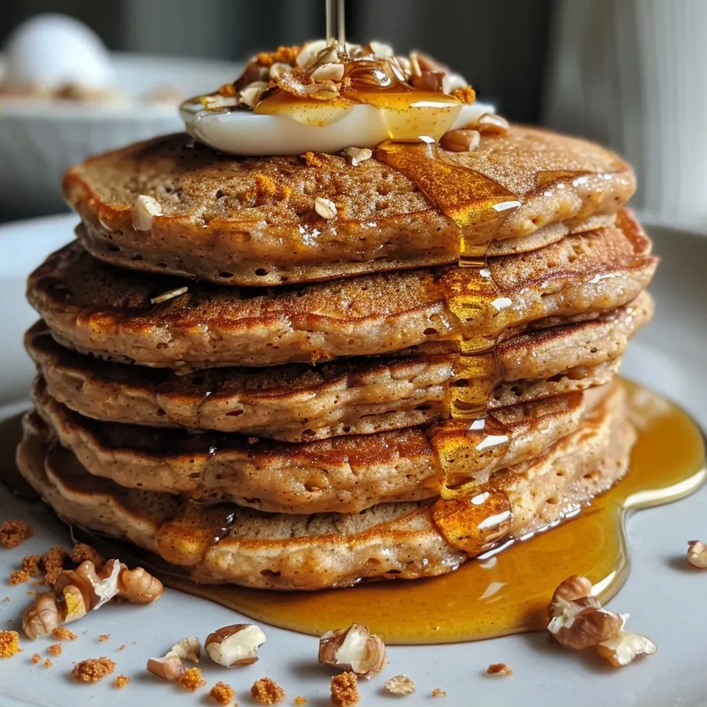['Close-up of a stack of golden brown pumpkin oatmeal pancakes with walnuts on top.', 'Side view of fluffy, healthy pumpkin pancakes drizzled with honey and garnished with nuts.', 'Juicy pumpkin oatmeal pancakes stacked high, showcasing their fluffy texture and cinnamon color.', 'Delicious healthy pancakes made with pumpkin puree, captured in a warm, inviting light.']