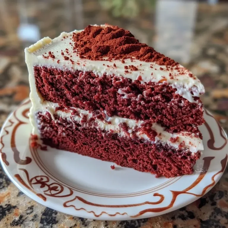 Close-up view of a slice of Healthy Red Velvet Cake showcasing the moist texture and vibrant red color.