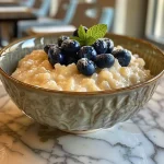 Close-up side view of creamy rice pudding topped with fresh blueberries.