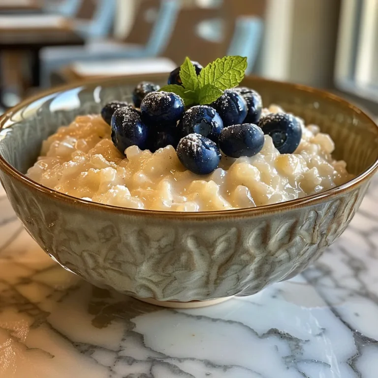 Close-up side view of creamy rice pudding topped with fresh blueberries.