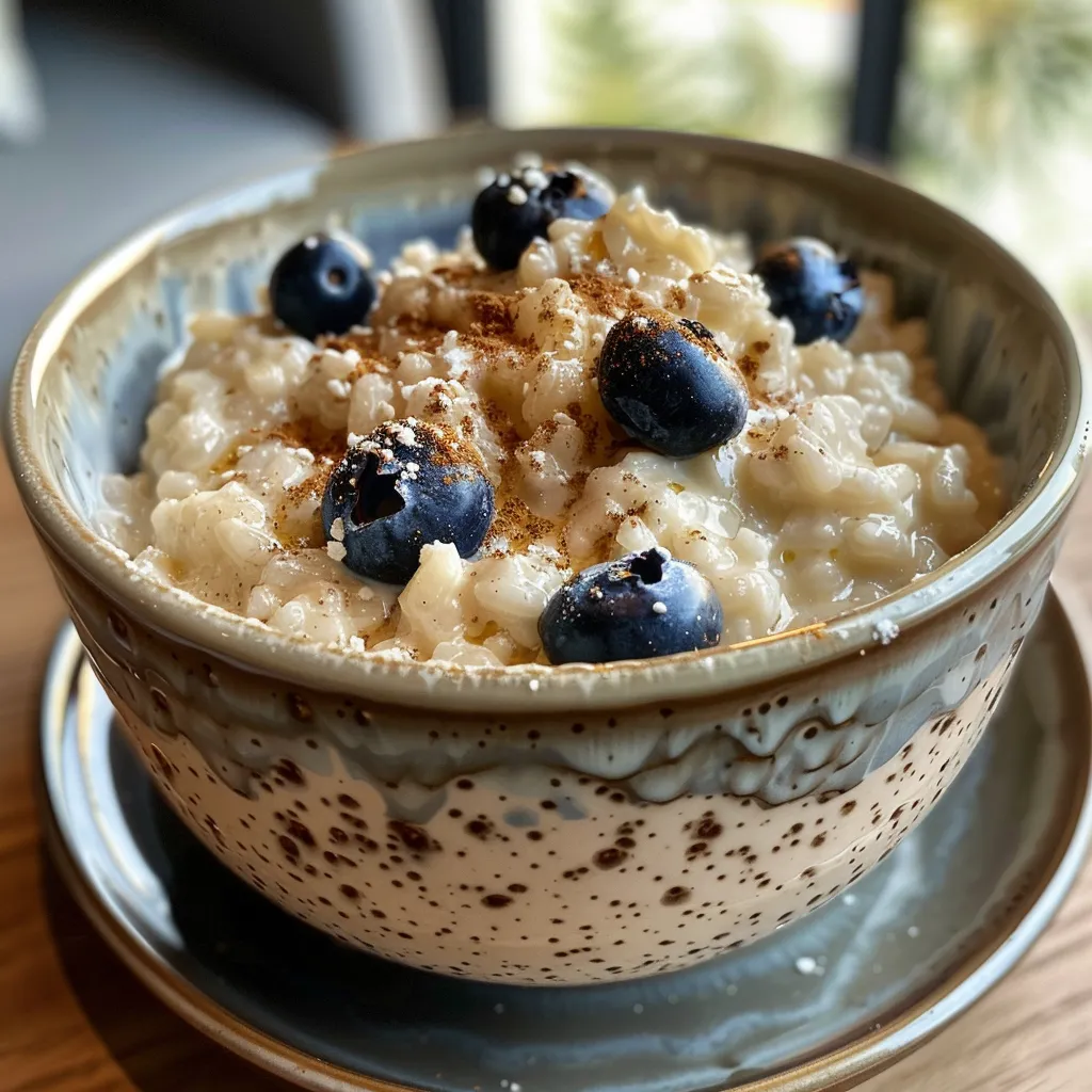 Healthy rice pudding in a bowl with a garnish of juicy blueberries.