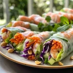 Close up view of colorful, fresh spring rolls filled with shrimp and vegetables.