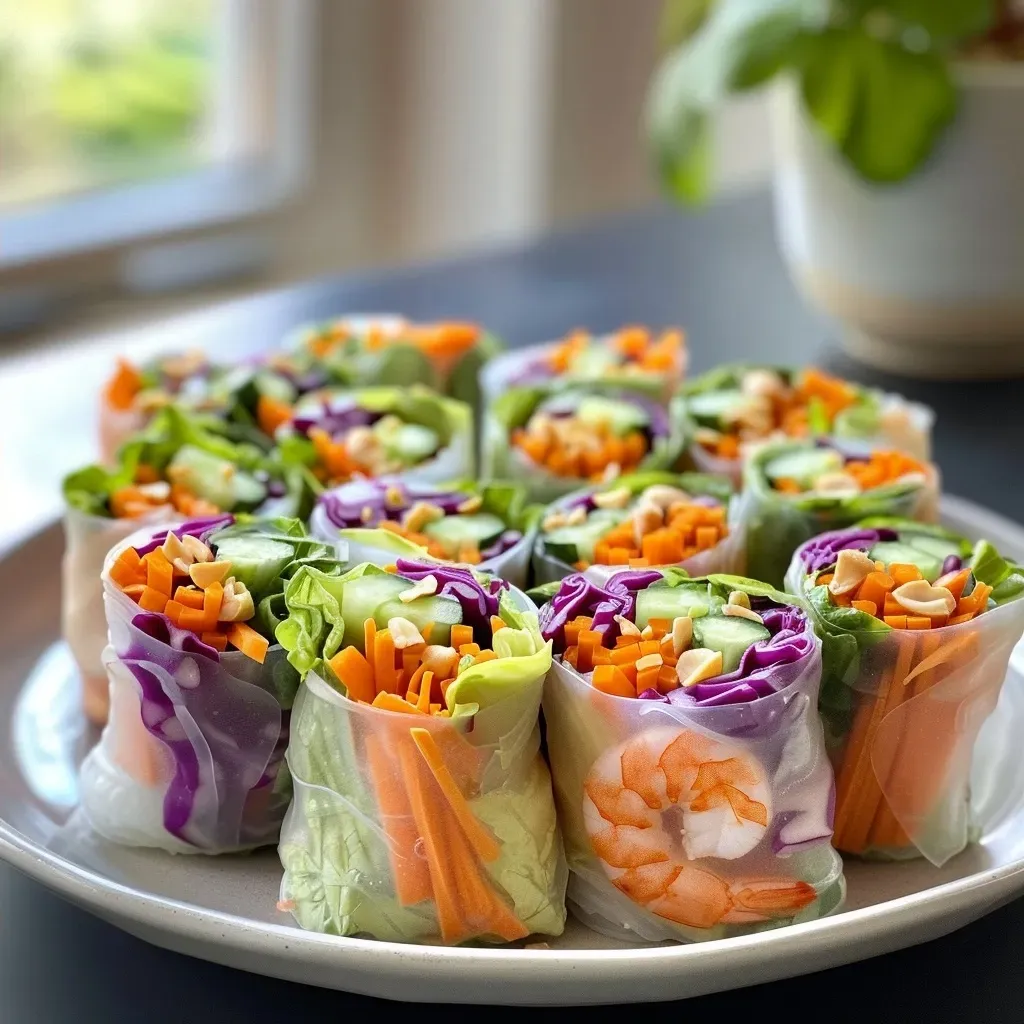 Juicy spring rolls displayed with vibrant shredded vegetables peeking out.