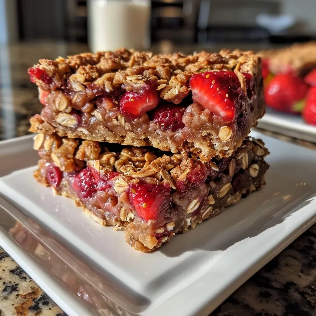 ['Side view of healthy strawberry oatmeal bars with visible strawberries and a golden crust.', 'Close-up shot of a strawberry oatmeal bar showcasing its texture and ingredients.', 'Delicious strawberry oatmeal bars displayed on a wooden surface, highlighting the fruit and oat layers.', 'A mouth-watering view of strawberry oatmeal bars emphasizing the melted butter and fresh strawberries.']