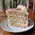 Close-up side view of a healthy vanilla birthday cake topped with frosting.