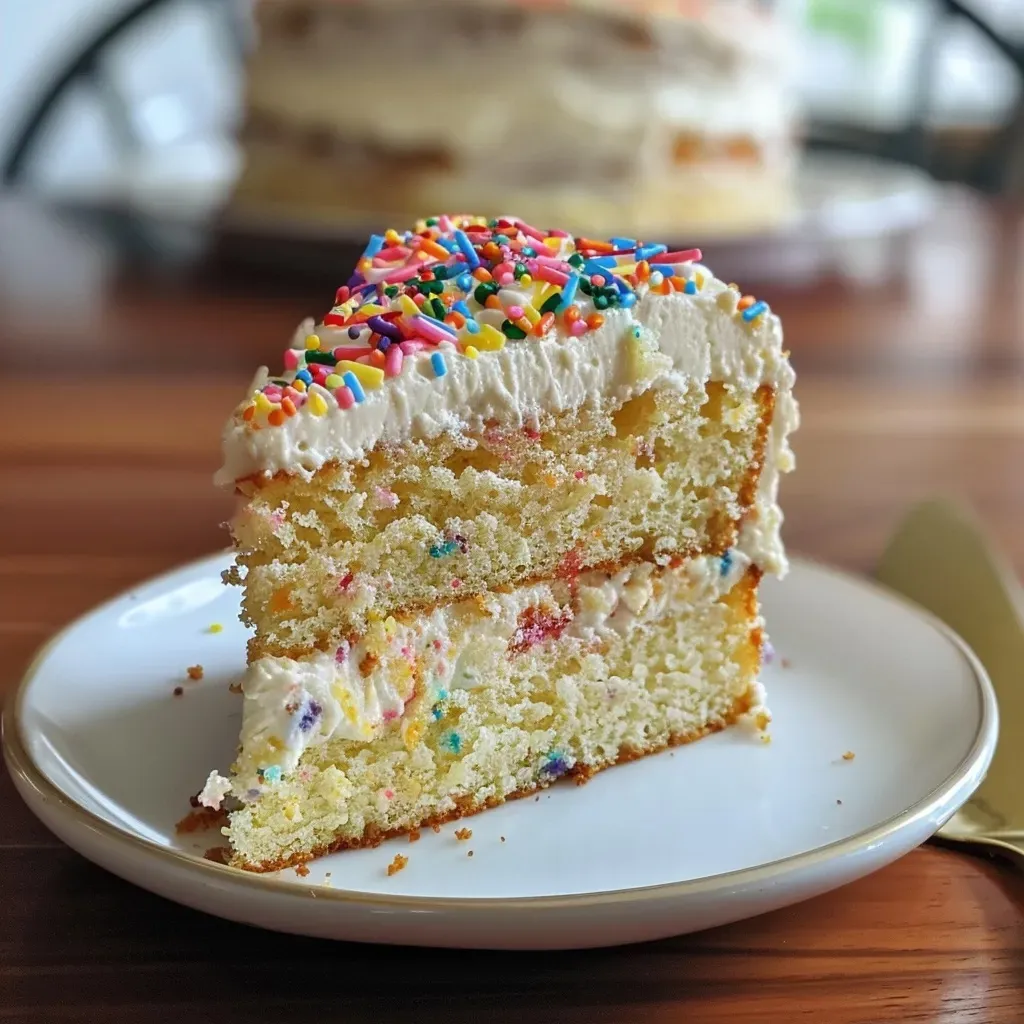 Slice of vanilla birthday cake with creamy frosting, showcasing its moist texture.