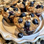 Close-up of high-protein blueberry oatmeal muffins showing golden tops and juicy blueberries.