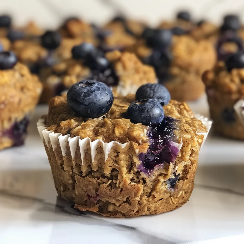 Side view of freshly baked blueberry oatmeal muffins with a moist texture and visible oats.