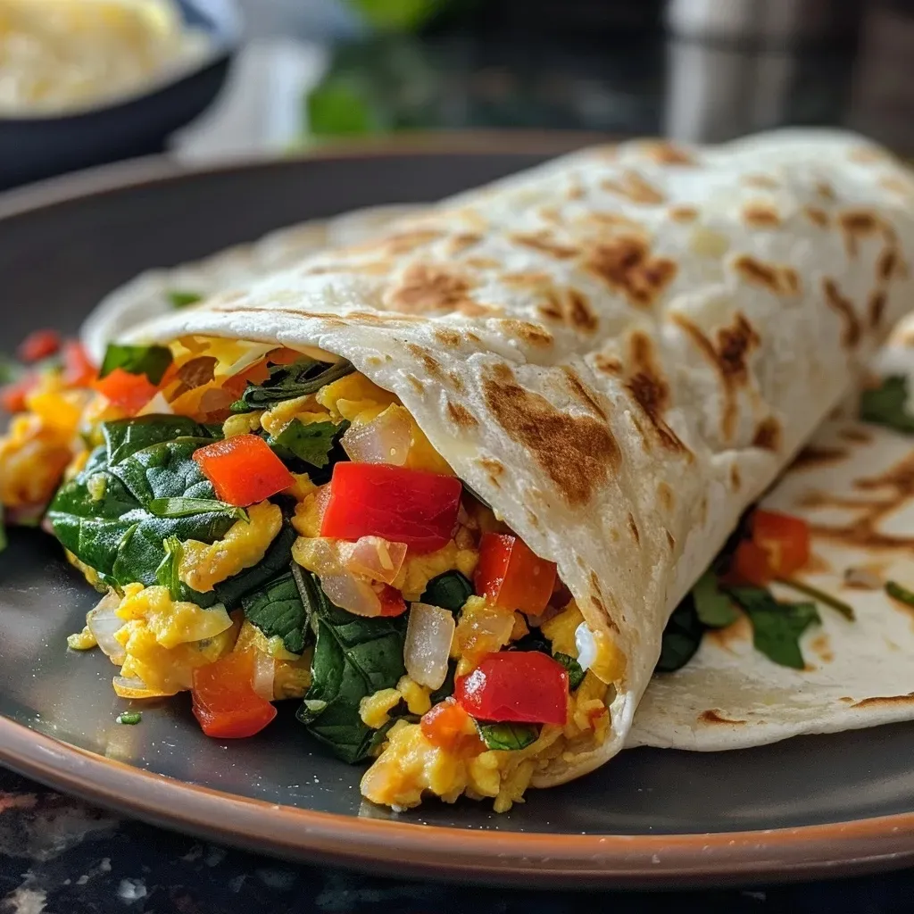 ['Close-up of a high protein breakfast burrito filled with spinach, bell peppers, and onions.', 'Juicy breakfast burrito showcasing vibrant vegetables and an egg filling, viewed from the side.', 'Side view of a colorful breakfast burrito, highlighting its fresh ingredients and soft tortilla.', 'A delicious high protein burrito bursting with veggies, captured in a detailed close-up.']