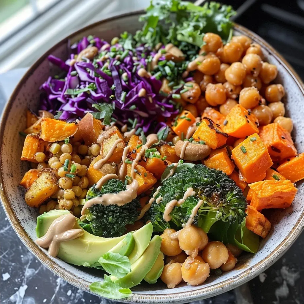 Close-up of a vibrant Buddha bowl filled with lentils, avocado slices, and mixed greens.