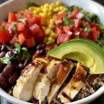 ['Close-up of a high protein burrito bowl featuring quinoa, black beans, corn, avocado, and grilled chicken.', 'Side view of a colorful burrito bowl filled with quinoa, black beans, corn, avocado slices, and salsa.', 'Juicy high protein burrito bowl showcasing diced chicken, vibrant corn, and fresh avocado in a satisfying arrangement.', 'Detailed view of a nutritious burrito bowl with layered ingredients including quinoa, black beans, and salsa.']