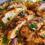 ['Close-up of a skillet filled with juicy chicken thighs and rice topped with fresh herbs.', 'Side view of a vibrant dish with chicken and rice, garnished with parsley and lemon slices.', 'High-protein chicken and rice skillet showcasing tender chicken thighs and colorful vegetables.', 'Image of a delicious high-protein meal featuring chicken, rice, and a creamy yogurt sauce.']