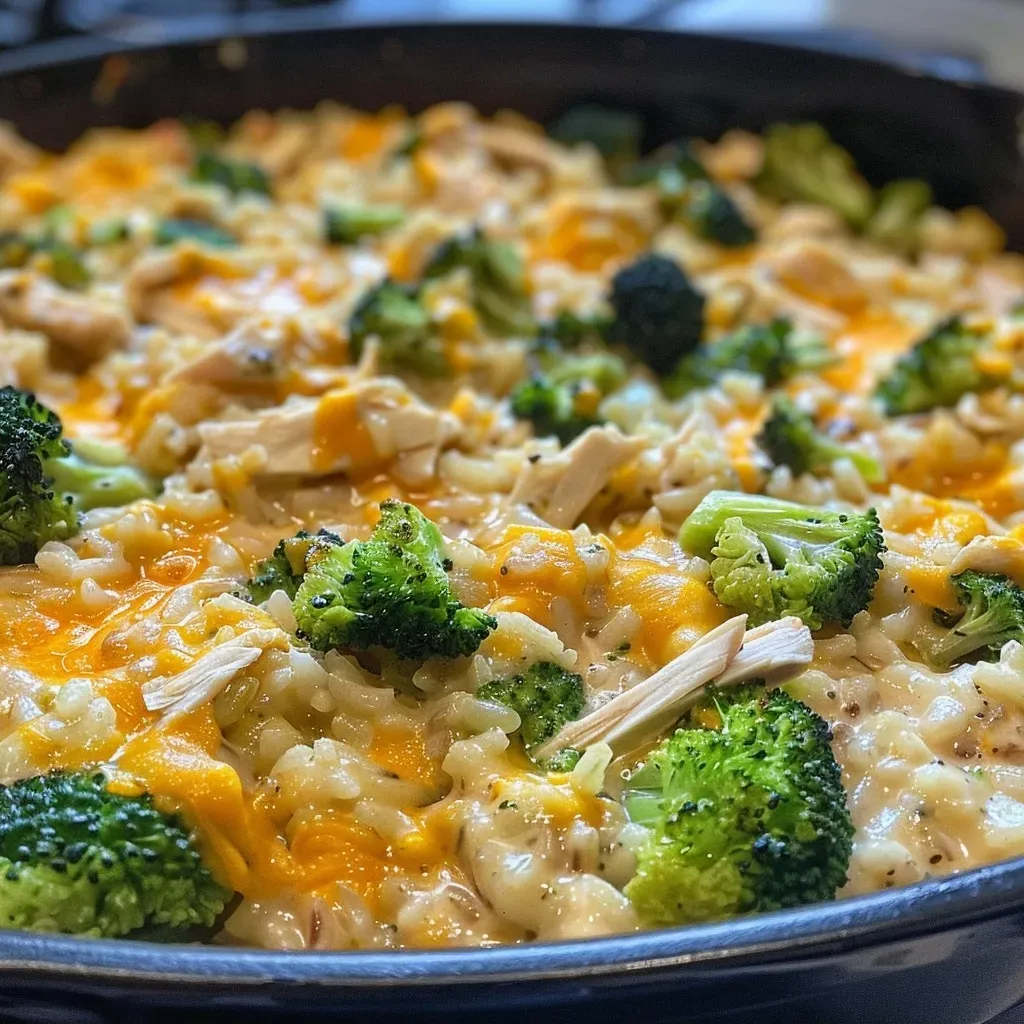 ['Close-up of a creamy chicken broccoli rice casserole with melted cheese on top.', 'Side view of a hearty chicken broccoli rice casserole showing layers of chicken and broccoli.', 'Juicy chicken broccoli rice casserole featuring colorful broccoli florets and cheese melting.', 'Delicious casserole filled with shredded chicken, rice, and broccoli, garnished with herbs.']