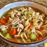['Close-up view of a bowl of high protein chicken noodle soup, featuring shredded chicken and vegetables.', 'Side view of a delicious chicken noodle soup with whole wheat egg noodles, garnished with fresh parsley.', 'A vibrant and hearty bowl of chicken noodle soup, showcasing diced onions, carrots, and celery.', 'Juicy chicken noodle soup served in a bowl, highlighting the colorful ingredients and rich broth.']