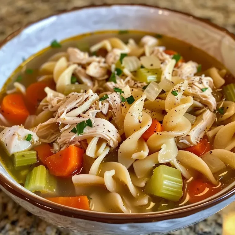 ['Close-up view of a bowl of high protein chicken noodle soup, featuring shredded chicken and vegetables.', 'Side view of a delicious chicken noodle soup with whole wheat egg noodles, garnished with fresh parsley.', 'A vibrant and hearty bowl of chicken noodle soup, showcasing diced onions, carrots, and celery.', 'Juicy chicken noodle soup served in a bowl, highlighting the colorful ingredients and rich broth.']