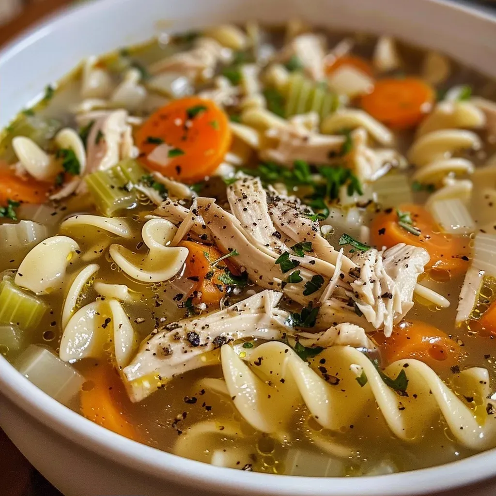 ['Close-up view of a bowl of high protein chicken noodle soup, featuring shredded chicken and vegetables.', 'Side view of a delicious chicken noodle soup with whole wheat egg noodles, garnished with fresh parsley.', 'A vibrant and hearty bowl of chicken noodle soup, showcasing diced onions, carrots, and celery.', 'Juicy chicken noodle soup served in a bowl, highlighting the colorful ingredients and rich broth.']