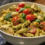 ['Close-up of a bowl of high protein chicken pesto pasta with cherry tomatoes and spinach.', 'Juicy chicken pesto pasta served with halved cherry tomatoes and fresh spinach leaves.', 'Delicious plate of chicken pesto pasta featuring chickpea penne and vibrant vegetables.', 'Side view of high protein chicken pesto pasta showcasing the rich green pesto sauce.']