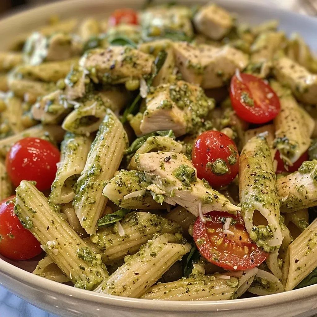 ['Close-up of a bowl of high protein chicken pesto pasta with cherry tomatoes and spinach.', 'Juicy chicken pesto pasta served with halved cherry tomatoes and fresh spinach leaves.', 'Delicious plate of chicken pesto pasta featuring chickpea penne and vibrant vegetables.', 'Side view of high protein chicken pesto pasta showcasing the rich green pesto sauce.']