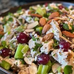 Close-up view of a vibrant high protein chicken salad in a bowl, showcasing juicy chicken and fresh ingredients.