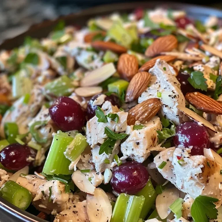Close-up view of a vibrant high protein chicken salad in a bowl, showcasing juicy chicken and fresh ingredients.