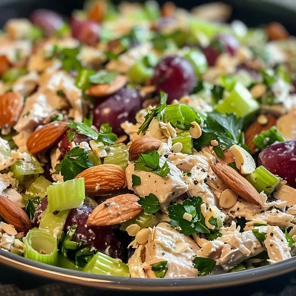 Side view of a colorful chicken salad with grapes and celery, garnished with herbs, in a white dish.