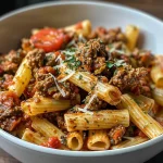 ['Close-up view of creamy beef pasta topped with herbs in a white bowl.', 'Juicy high-protein creamy beef pasta with a sprinkle of Parmesan cheese.', 'Side view of a serving of creamy beef pasta, showcasing its rich texture.', 'Delicious plated high-protein beef pasta with crushed tomatoes and Greek yogurt.']
