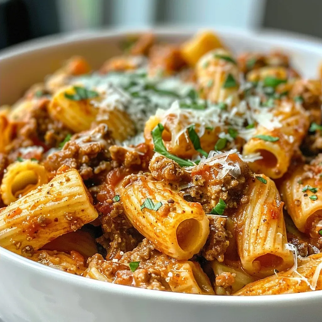 ['Close-up view of creamy beef pasta topped with herbs in a white bowl.', 'Juicy high-protein creamy beef pasta with a sprinkle of Parmesan cheese.', 'Side view of a serving of creamy beef pasta, showcasing its rich texture.', 'Delicious plated high-protein beef pasta with crushed tomatoes and Greek yogurt.']