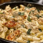 Close-up view of creamy chicken pasta served in a white bowl, showcasing juicy pieces of chicken and a rich sauce.
