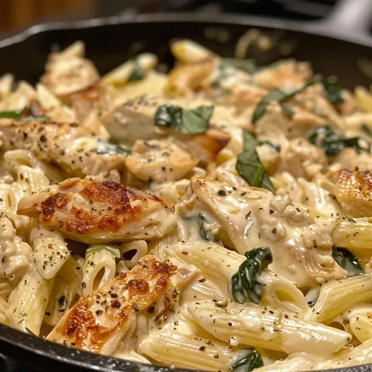 Wholesome High Protein Creamy Chicken Pasta for Everyday Comfort Close-up view of creamy chicken pasta served in a white bowl, showcasing juicy pieces of chicken and a rich sauce.