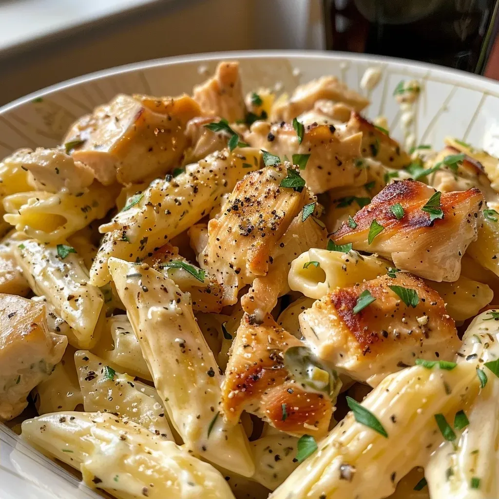 Side view of a plate filled with high-protein creamy chicken pasta, featuring a glossy sauce and garnished with herbs.