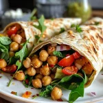 ['Close-up of a colorful Mediterranean chickpeas wrap filled with fresh vegetables.', 'Side view of a wholesome chickpeas wrap showcasing vibrant greens and toppings.', 'Juicy high-protein wrap with chickpeas and various veggies laid on a wooden table.', 'Detailed view of a Mediterranean wrap, highlighting the creamy tahini and fresh ingredients.']