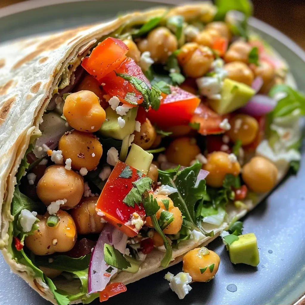 ['Close-up of a colorful Mediterranean chickpeas wrap filled with fresh vegetables.', 'Side view of a wholesome chickpeas wrap showcasing vibrant greens and toppings.', 'Juicy high-protein wrap with chickpeas and various veggies laid on a wooden table.', 'Detailed view of a Mediterranean wrap, highlighting the creamy tahini and fresh ingredients.']