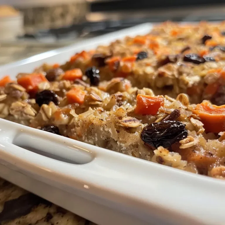 ['Close-up view of a baked carrot protein oat dish, showcasing texture and ingredients.', 'Side view of a slice of carrot cake oat bake with grated carrots and raisins visible.', 'Juicy high-protein oat bake featuring carrots and honey, presented on a plate.', 'Deliciously baked carrot cake oat dish highlighting its golden brown crust and soft interior.']