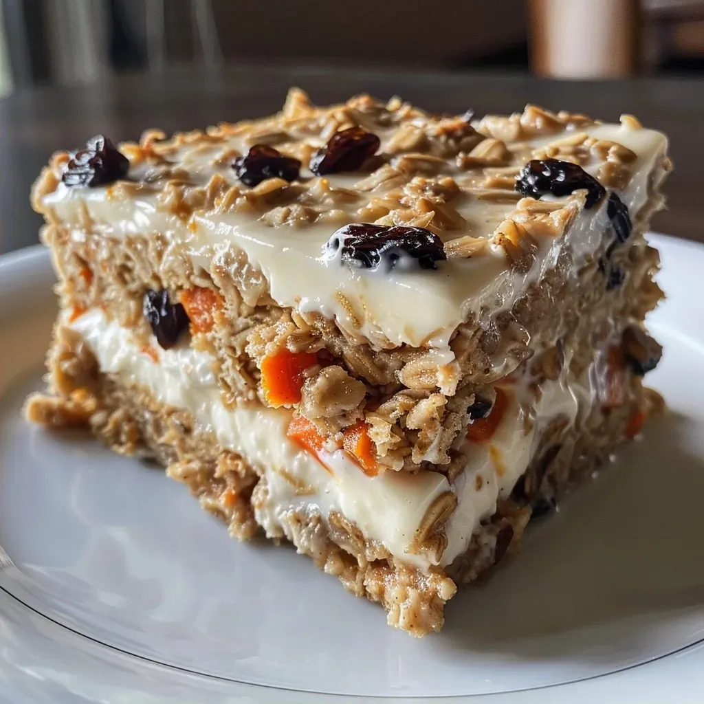 ['Close-up view of a baked carrot protein oat dish, showcasing texture and ingredients.', 'Side view of a slice of carrot cake oat bake with grated carrots and raisins visible.', 'Juicy high-protein oat bake featuring carrots and honey, presented on a plate.', 'Deliciously baked carrot cake oat dish highlighting its golden brown crust and soft interior.']