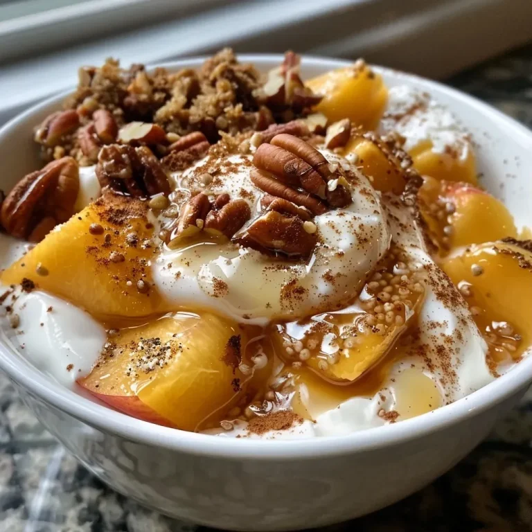 ['Close-up view of a High-Protein Peach Cobbler Greek Yogurt Bowl with fresh peach slices and nuts.', 'Side angle of a creamy yogurt bowl topped with peach, nuts, and drizzled with syrup.', 'Juicy peach slices atop Greek yogurt with a sprinkle of cinnamon and nuts in a stylish bowl.', 'Vibrant High-Protein Peach Cobbler Greek Yogurt Bowl featuring peach, maple syrup, and seeds.']