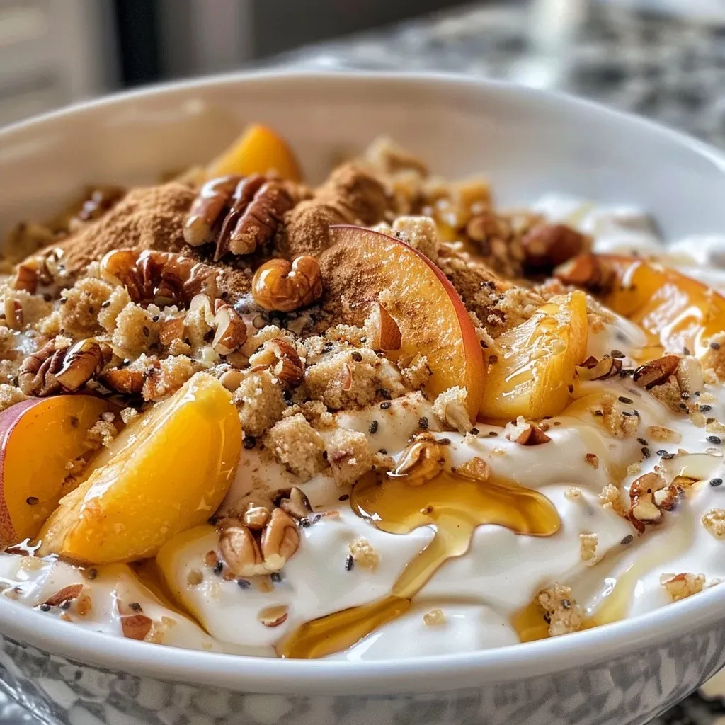 ['Close-up view of a High-Protein Peach Cobbler Greek Yogurt Bowl with fresh peach slices and nuts.', 'Side angle of a creamy yogurt bowl topped with peach, nuts, and drizzled with syrup.', 'Juicy peach slices atop Greek yogurt with a sprinkle of cinnamon and nuts in a stylish bowl.', 'Vibrant High-Protein Peach Cobbler Greek Yogurt Bowl featuring peach, maple syrup, and seeds.']
